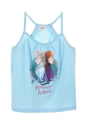 Lichtblauw katoenen tanktop met een grafisch ontwerp van twee personages met blond en rood haar, de tekst "Voor altijd zussen" in roze.