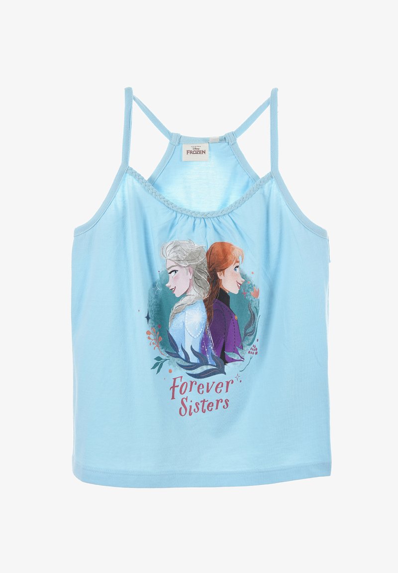 Jasnoniebieski bawełniany top na ramiączkach z grafiką dwóch postaci o blond i czerwonych włosach oraz napisem "Na zawsze siostry" w kolorze różowym.