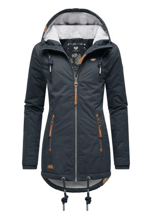 Navy blue waterproof jacket with a grey fleece lining, adjustable hood, zipper front, and brown leather accents on pockets and hem.