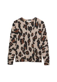 Beżowy sweter z wyrazistym wzorem w cętki w odcieniach czerni i brązu. Klasyczny okrągły dekolt, długie rękawy i ściągacz u dołu.