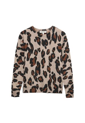 Beige trui met een gedurfde luipaardprint in zwarte en bruine tinten. Klassieke ronde hals, lange mouwen en geribbelde zoom.