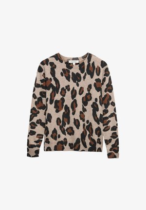 Beige trui met een gedurfde luipaardprint in zwarte en bruine tinten. Klassieke ronde hals, lange mouwen en geribbelde zoom.