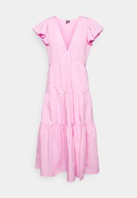 Różowa bawełniana sukienka midi z krótkimi falbaniastymi rękawami, dekoltem w kształcie litery V oraz wielopoziomowym krojem z marszczeniami dla dodania tekstury.