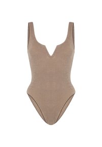 Brauner, gestrickter einteiliger Badeanzug mit tiefem V-Ausschnitt, breiten Trägern und hochgeschnittenen Beinausschnitten. Strukturierter Stoff ohne Muster.
