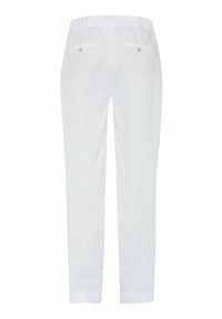 Pantalon blanc à jambes droites avec une ceinture élastique et deux poches passepoilées à l'arrière avec boutons.