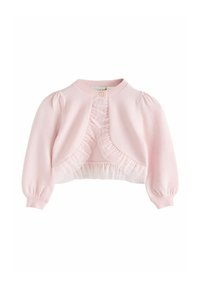 Rozā adīta kardigans ar apaļu apkakli, volānu šifona slāni un uzpūstām piedurknēm. Priekšpusē ir pogu aizdare.