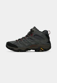 Mid-top hiking shoes in dark gray with red accents. Features suede and mesh upper, rubber sole with traction, and reinforced toe cap.