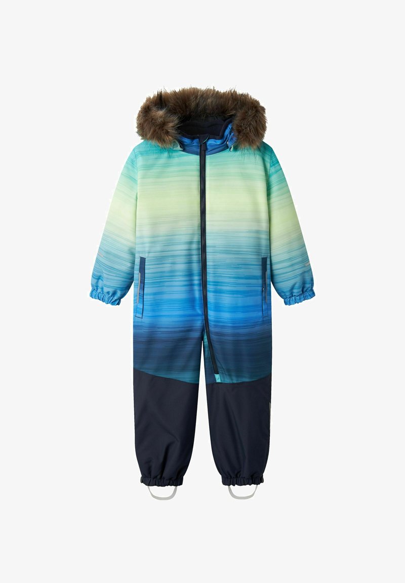 Mono de nieve colorido para niños con un patrón de degradado en verde a azul, detalles en azul marino, capucha con forro de pelaje, puños elásticos y cremallera en la parte delantera.