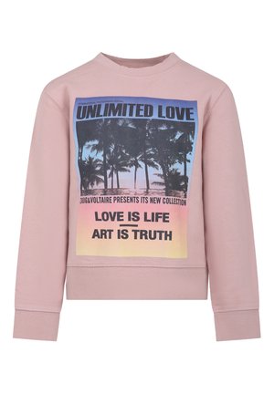 Sweatshirt rose à manches longues et col rond. L'avant présente un imprimé graphique avec des palmiers et du texte, sur un fond dégradé.