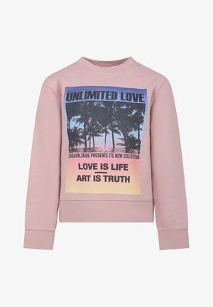 Sweatshirt rose à manches longues et col rond. L'avant présente un imprimé graphique avec des palmiers et du texte, sur un fond dégradé.