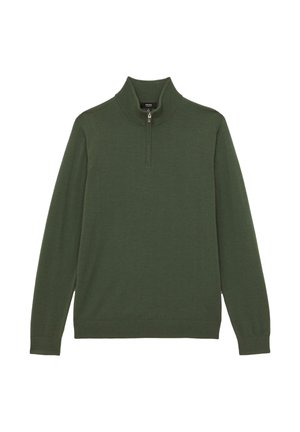 Dark green long-sleeve pullover with a high collar and a front half zipper, made of fine knit fabric.