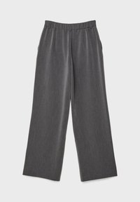 Pantalon gris foncé à jambes larges, coupe droite et taille élastique, posé à plat sur un fond clair.