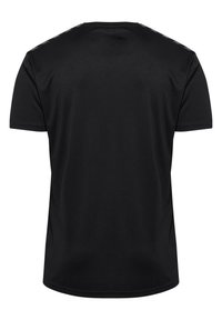 Camiseta negra de manga corta con cuello redondo, hecha de una tela suave. Incluye detalles grises en los hombros, con un dise�ño simple.