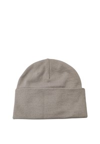 Cappello beanie grigio lavorato a maglia con risvolto e parte superiore senza cuciture. Realizzato in tessuto morbido ed elastico, adatto a varie dimensioni della testa.