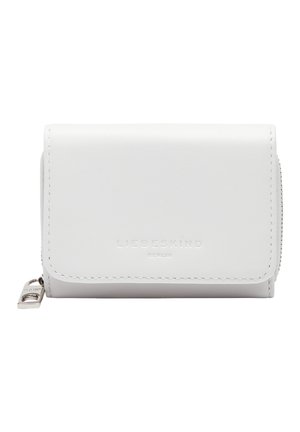 White leather wallet with a fold-over design. Features embossed logo, silver hardware, and a side zipper for additional storage.