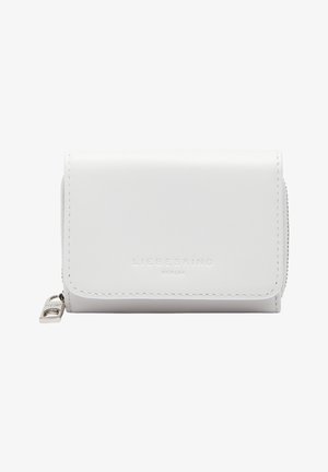 White leather wallet with a fold-over design. Features embossed logo, silver hardware, and a side zipper for additional storage.