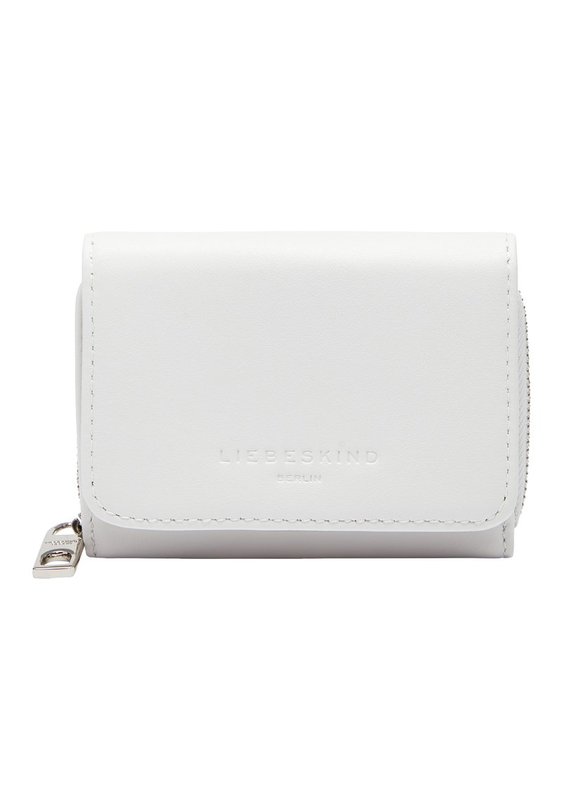 White leather wallet with a fold-over design. Features embossed logo, silver hardware, and a side zipper for additional storage.