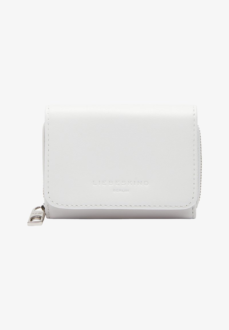 White leather wallet with a fold-over design. Features embossed logo, silver hardware, and a side zipper for additional storage.