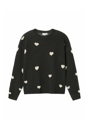 Suéter negro con cuello redondo y mangas largas, que presenta patrones de corazones en color crema. Textura suave, puños y dobladillo acanalados.