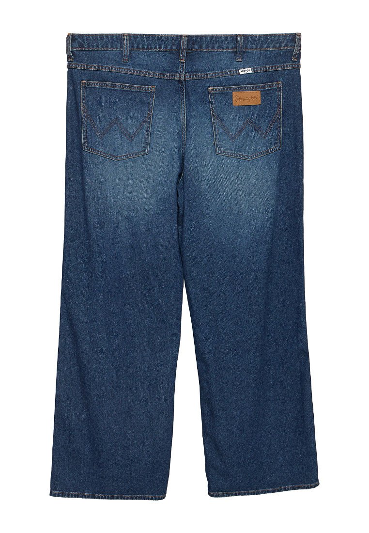 Niebieskie dżinsowe spodnie o szerokim kroju z prostymi nogawkami, z dwoma tylnymi kieszeniami z wzorem stebnówki w zygzak oraz brązową skórzaną naszywką z logo.