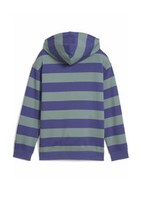 Hoodie s okomitim ljubičastim i zelenim prugama, izrađen od mekanog materijala. Ima kengur džep i rebraste manžete.