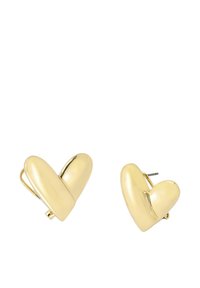Boucles d'oreilles en forme de cœur en or, avec une surface brillante et lisse et un design interlock unique. Ferme-bijou en métal pour un port sécurisé.