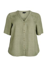 Blusa a maniche corte con bottoni e tessuto verde chiaro. Presenta un colletto a V, spalle plissettate e sei bottoni decorativi dorati lungo il davanti.