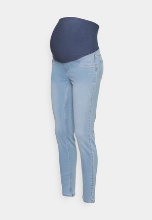 Graviditetsjeans med en strækbar mørkeblå over-bump talje, lys blå denim, slim fit og fem-lomme design.