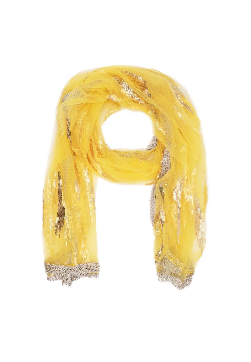Sciarpa gialla realizzata in tessuto leggero e trasparente, con paillettes argentate e una finitura metallica argento lungo i bordi. Tessuto morbido e fluido.