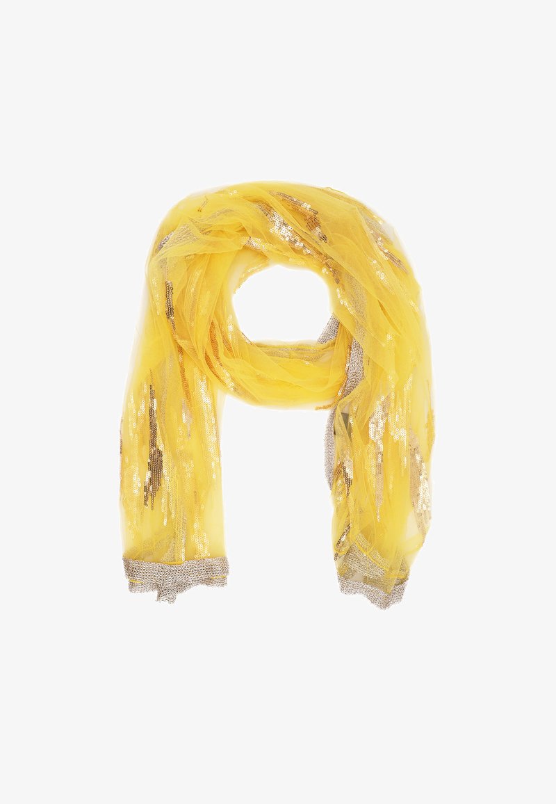 Sciarpa gialla realizzata in tessuto leggero e trasparente, con paillettes argentate e una finitura metallica argento lungo i bordi. Tessuto morbido e fluido.
