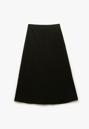Zwarte A-lijn rok van een zachte stof, met een gladde textuur en een schone, eenvoudige silhouet. Geen zichtbare patronen of hardware.