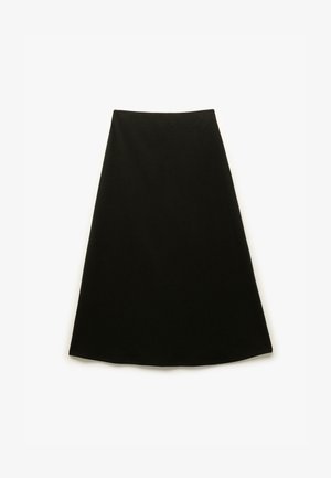 Black A-line skirt made of a soft fabric, featuring a smooth texture and a clean, simple silhouette. No visible patterns or hardware.