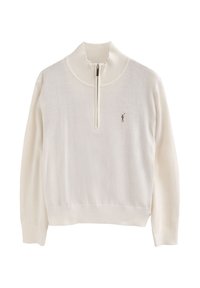 Cremfarbener Langarm-Pullover mit einem Viertelreißverschluss und geripptem Kragen, Bündchen und Saum, der ein kleines gesticktes Golfer-Logo auf der Brust trägt.