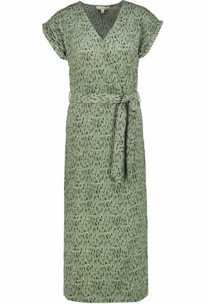 Groene jurk tot op de knie met korte mouwen, V-hals, abstract zwart-wit gespikkeld patroon en bijpassende stoffen riem gestrikt in de taille.