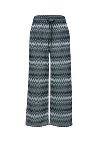 Pantalon à jambes larges avec motif zigzag noir et gris et taille à cordon noir, vu de face sur fond blanc.