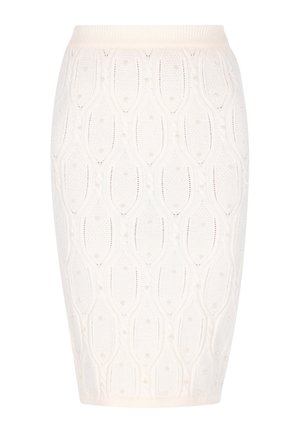 Pletená tužková sukně v krémové barvě, se strukturovaným vzorem s oválnými tvary a drobnými perličkami, zakončená žebrovaným pasem.