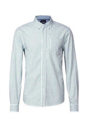 Herren Langarmhemd im weißen und grünen Karomuster. Verfügt über einen Button-Down-Kragen und vordere Knöpfe; leichtes Material, taillierte Passform.