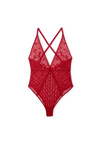 Roter Spitzen-Body mit Kreuzträger-Design, zarten Blumenmustern und einem strukturierten Stoff mit einem Tanga-Boden.