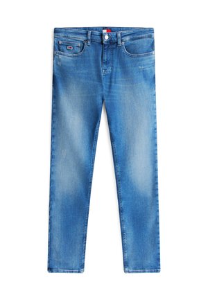 Heren blauwe slim-fit jeans met een vervaagde wassing, knoopsluiting aan de voorkant, riemlussen en vijf zakken, waaronder een klein logoplakje op de voorzak.