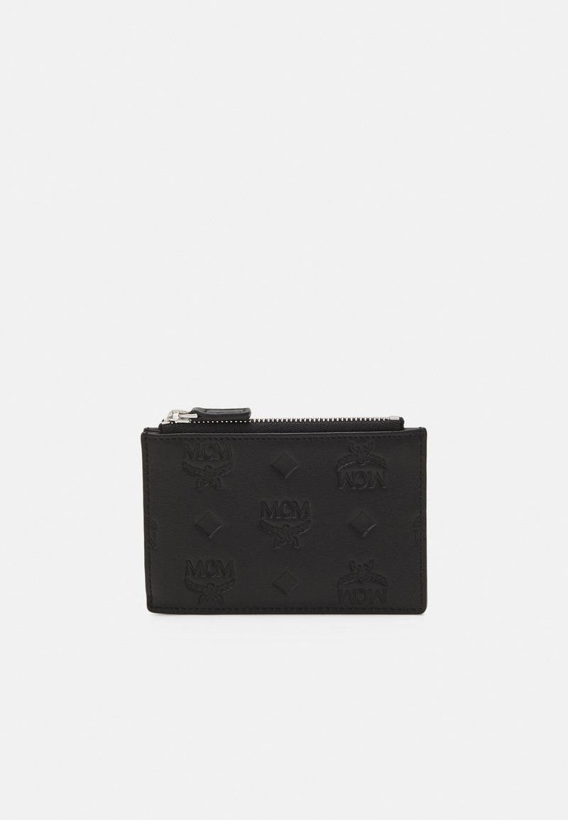 Black leather wallet with embossed logo pattern, featuring a zip closure and smooth texture. Rectangular shape, compact design.