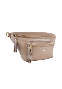 Borsa a tracolla in pelle beige chiaro con superficie texturizzata, due scomparti con zip, hardware in oro e nappine decorative.