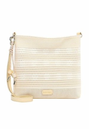 Vaaleabeige olkalaukku, jossa on rei’itetyt vaakaraitakuvioinnit, säädettävä hihna helmikoristeisilla hapsuilla ja pieni etupuolen logolappu.