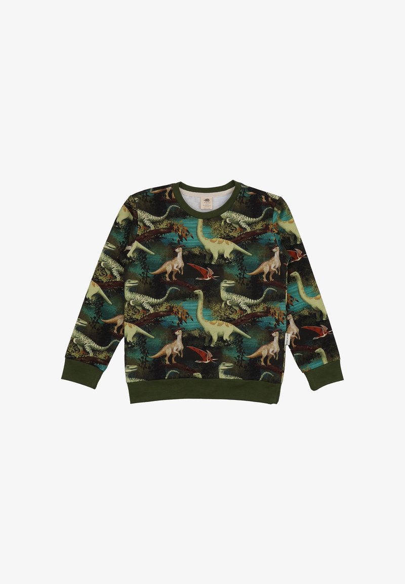 Langärmliger grüner Sweatshirt mit einem bunten Dinosauriermuster auf dunklem Hintergrund, mit gerippten Bündchen und Saum.