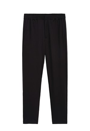 Pantalon noir slim avec taille élastique et poches latérales, conçu pour un usage décontracté ou sportif.