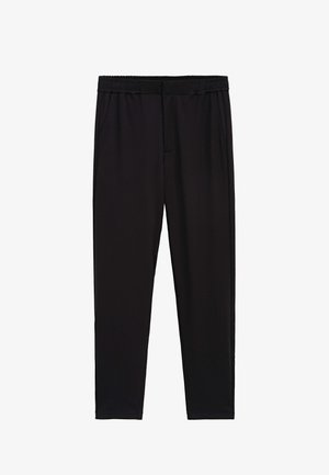Pantalon noir slim avec taille élastique et poches latérales, conçu pour un usage décontracté ou sportif.