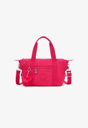 Borsa a tracolla in tessuto rosa con doppi manici, cinturino regolabile, chiusura con zip, tasca frontale e un portachiavi con una scimmietta pelosa.