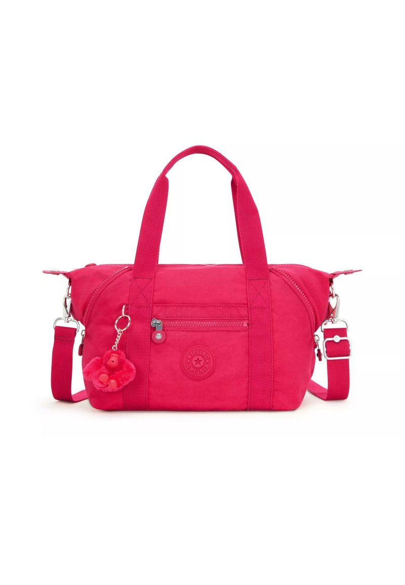 Pink fabric handbag with dual handles, adjustable strap, zip closure, front pocket, and a fluffy monkey keychain accent.