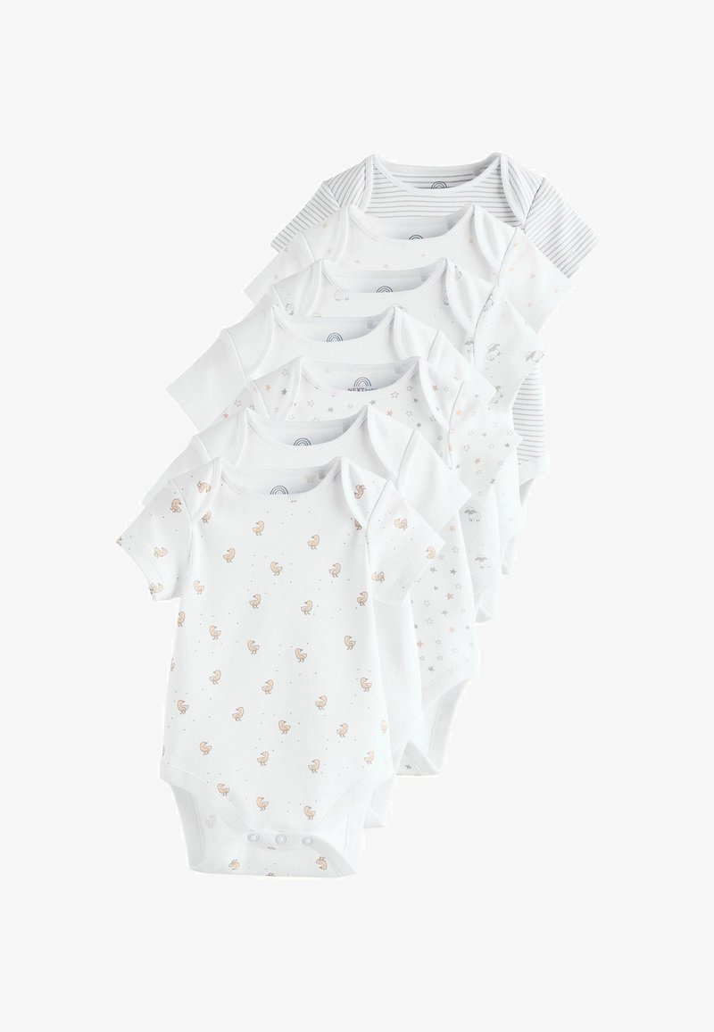 Pet kratkih rukavov za dojenčke v beli bombažni tkanini, ki imajo različne vzorce: natisnjene živali, zvezde in črte, z zapiranjem na dnu.