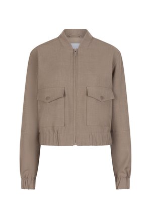 Taupe bomberjack met ritssluiting aan de voorkant, twee knoop-flapzakken, elastische manchetten en een ingehaalde elastische tailleband.