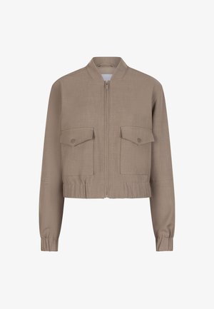 Taupe bomberjack met ritssluiting aan de voorkant, twee knoop-flapzakken, elastische manchetten en een ingehaalde elastische tailleband.